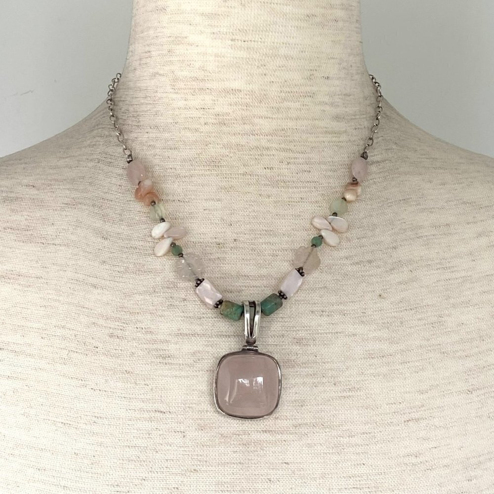 BARSE Sterling Silver 925 Multi Gemstone Beaded Jade Enhancer Pendant Necklace